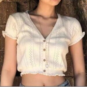 Knit Crop Top Pointelle | Ruffle Trim | XS/S | NEW White V-Neck | Buttons